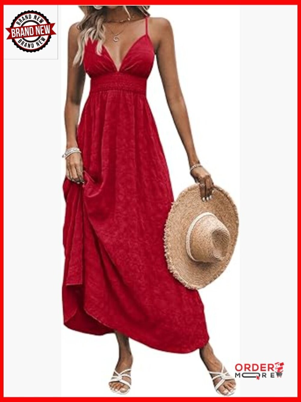 Women's V Neck Backless Maxi Dress Boho Spaghetti Strap A Line Flowy Sundress